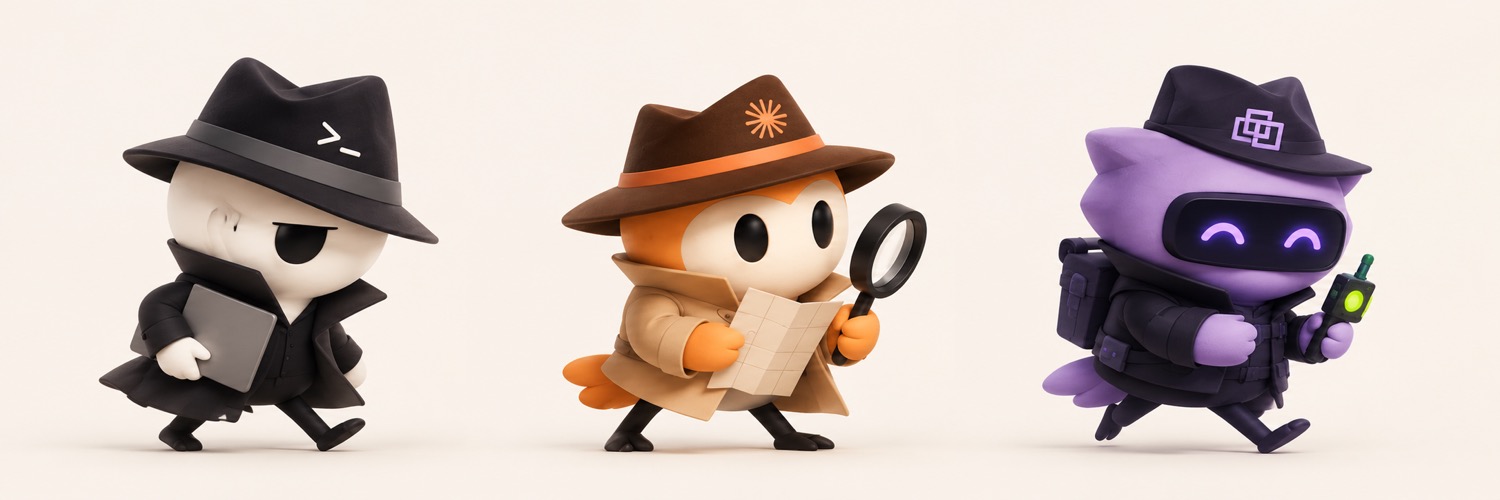 Cipher, in a dark coat and fedora, with a visor