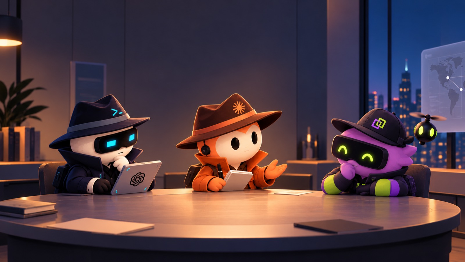 Cipher, Quill and Patch, three agents in fedoras, at a table in a briefing room
